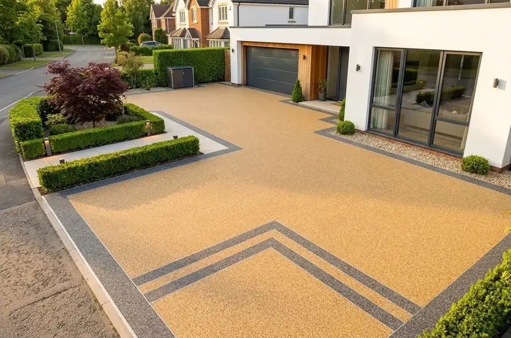 Warm tan resin bound driveway with a dark border and chevron inlay in front of a modern home