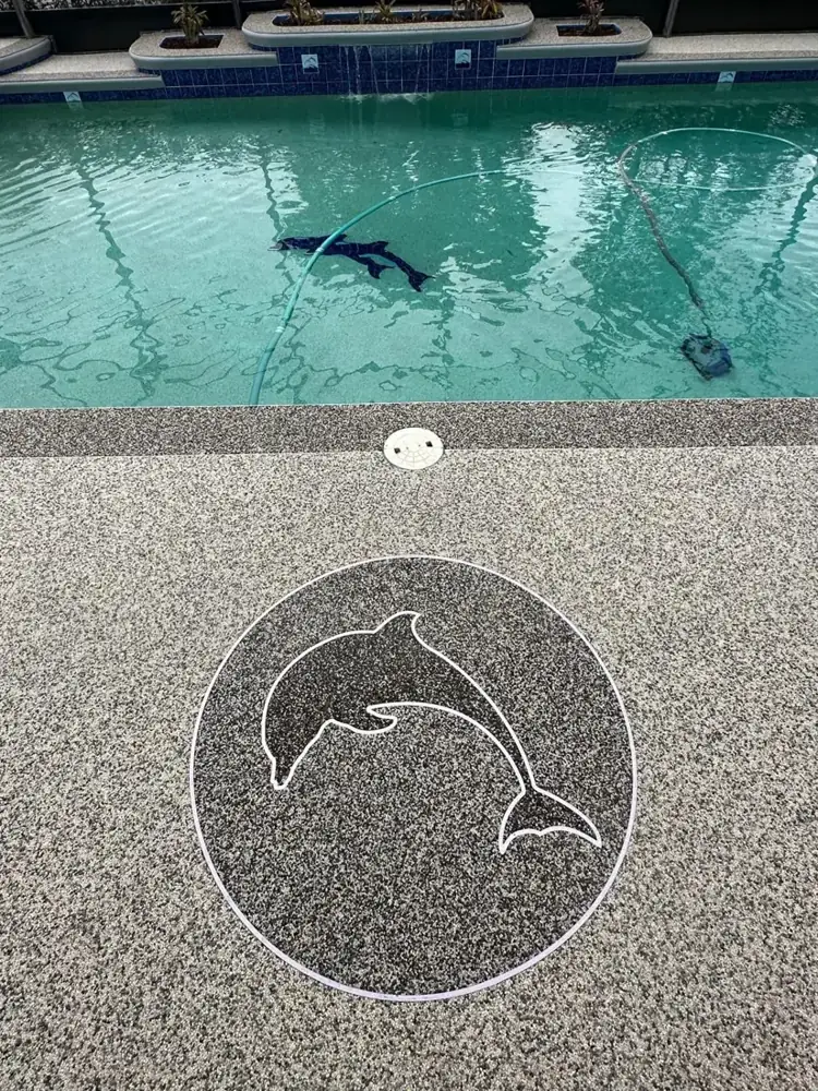Resin bound pool deck with a dolphin logo inlaid beside the water